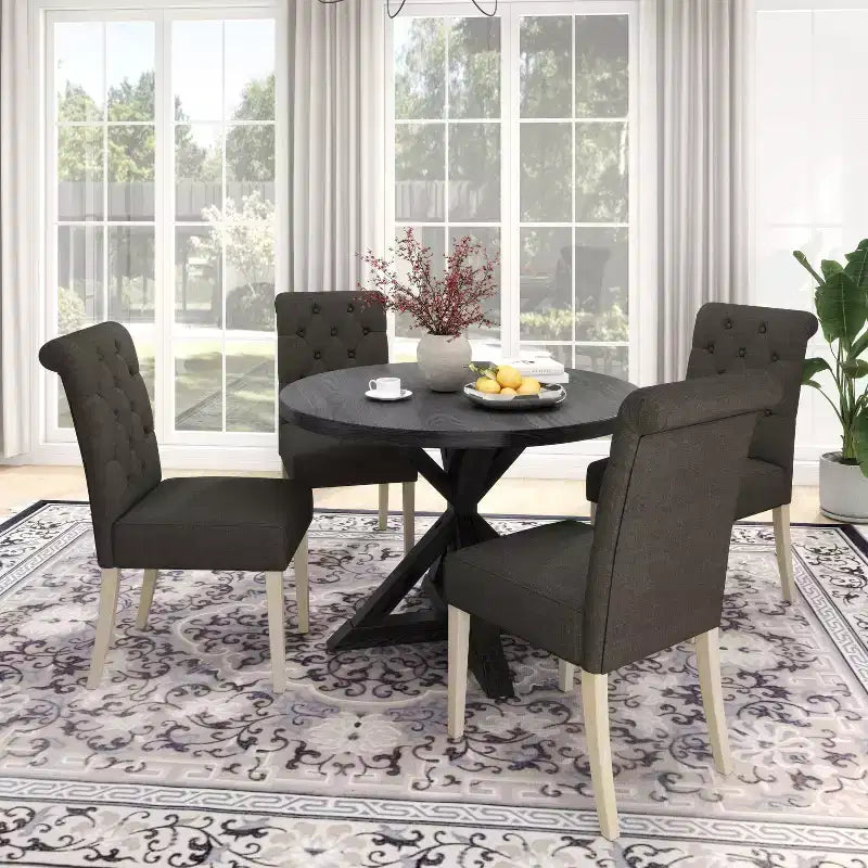 Set da pranzo 5 pezzi Roundhill Furniture Banff, tavolo rotondo con base a crociera e 4 sedie imbottite con bottoni