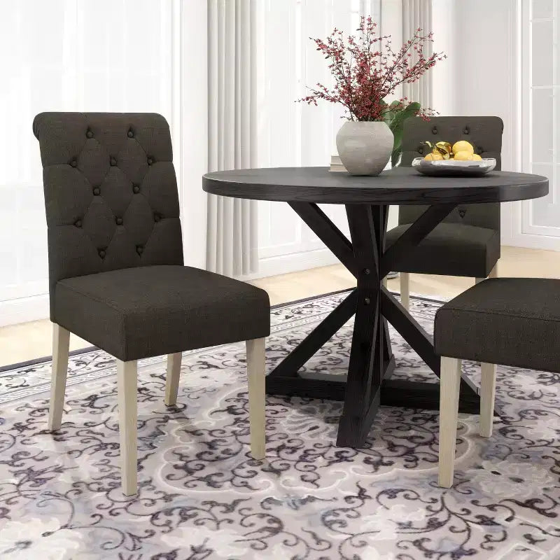 Set da pranzo 5 pezzi Roundhill Furniture Banff, tavolo rotondo con base a crociera e 4 sedie imbottite con bottoni