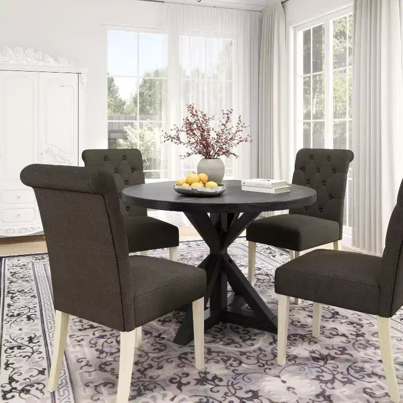 Set da pranzo 5 pezzi Roundhill Furniture Banff, tavolo rotondo con base a crociera e 4 sedie imbottite con bottoni