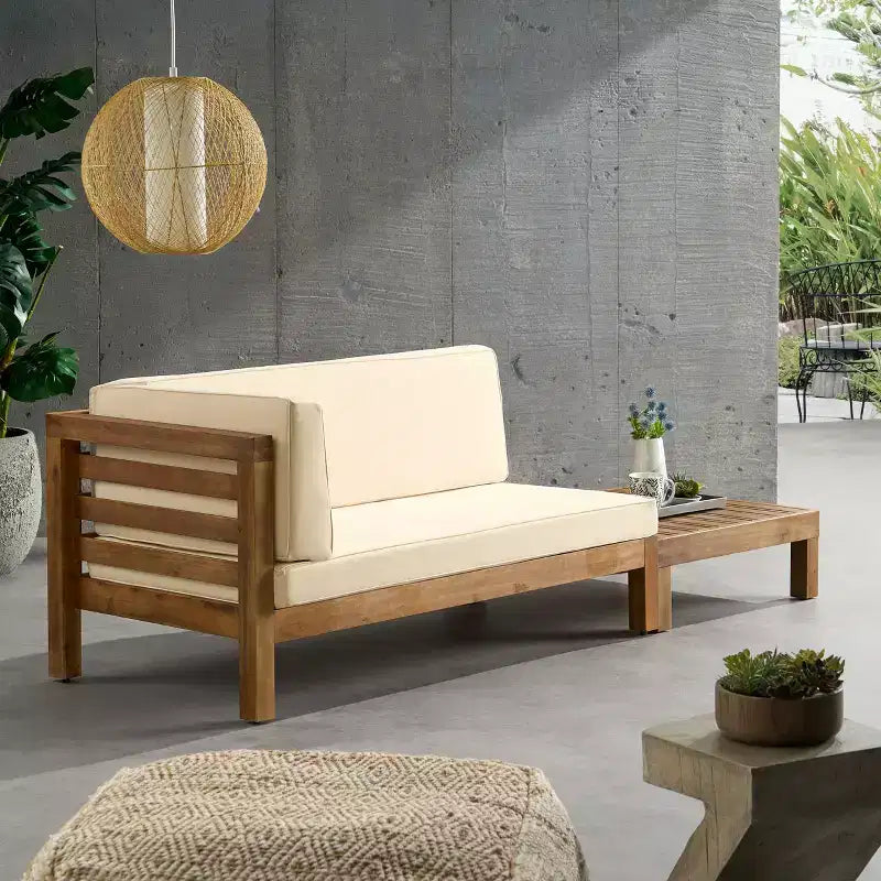 Christopher Knight Home Oana Outdoor Acacia Wood Left Arm Loveseat and Coffee Table Set with Cushion