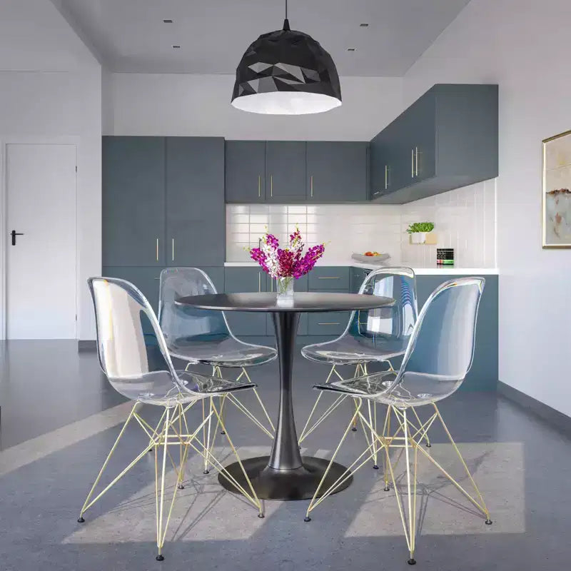 Set da pranzo LeisureMod da 5 pezzi con tavolo da pranzo rotondo con base a piedistallo in ferro da 35" e 4 sedie laterali in plastica ABS con base dorata