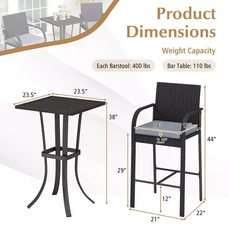 Set bar da patio Costway 3 pezzi in vimini, sedie in rattan e tavolo quadrato con struttura in metallo resistente
