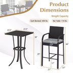 Set bar da patio Costway 3 pezzi in vimini, sedie in rattan e tavolo quadrato con struttura in metallo resistente
