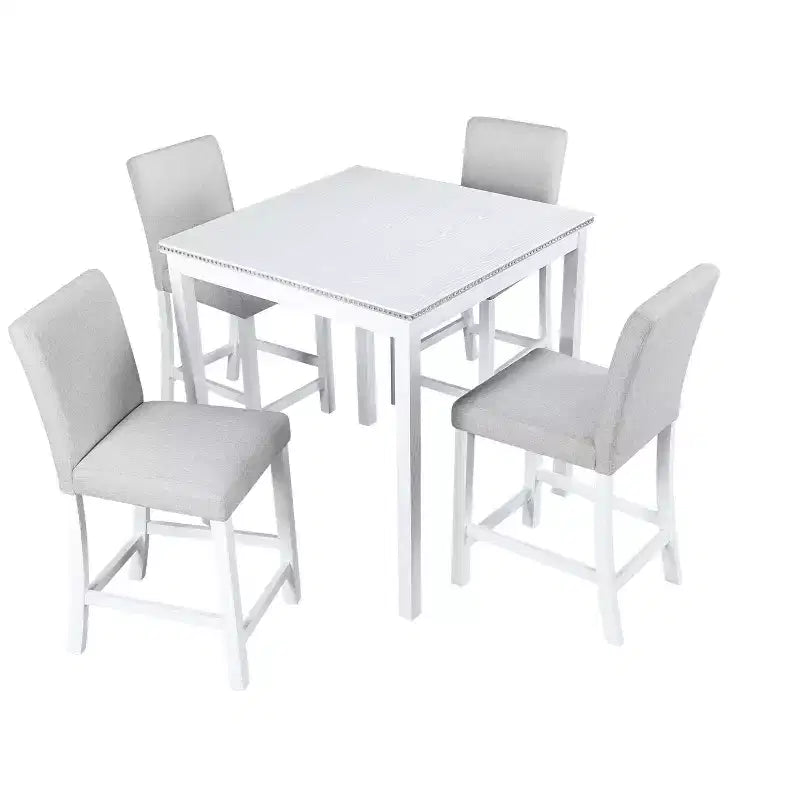 Set da pranzo da 5 pezzi altezza bancone: tavolo quadrato in legno, 4 sedie imbottite con decorazioni in cristallo, ideale per la cucina