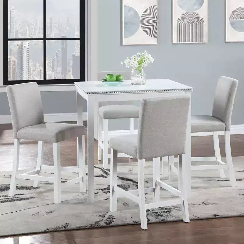 Set da pranzo da 5 pezzi altezza bancone: tavolo quadrato in legno, 4 sedie imbottite con decorazioni in cristallo, ideale per la cucina