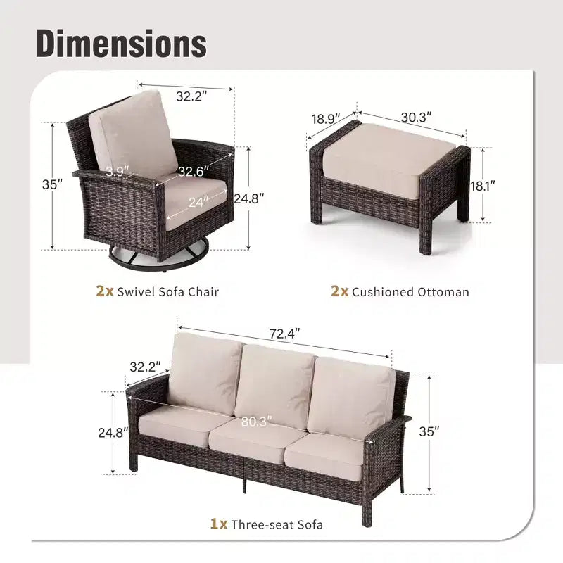 Set da conversazione per esterni Captiva Designs, 5 pezzi, divano in vimini di grandi dimensioni con pouf per giardino, cortile e veranda
