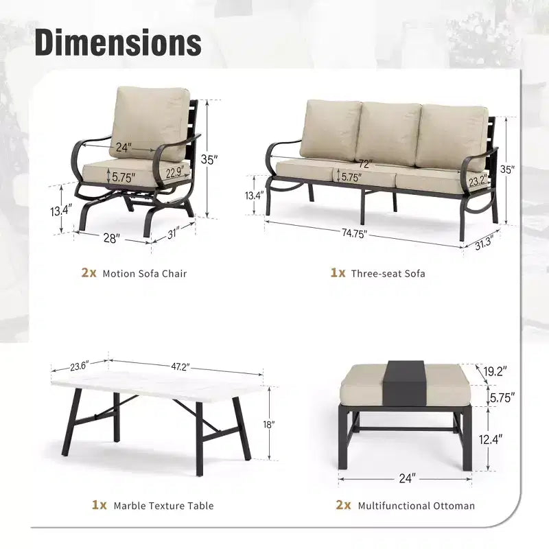 Set da conversazione per patio Captiva Designs da 6 pezzi in metallo con sedie a dondolo e poggiapiedi per giardino, veranda e cortile