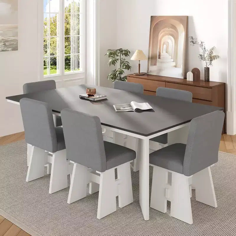 Set da Tavolo da Pranzo da 7 Pezzi, Set da Pranzo con 6 Sedie Imbottite, Retro e Rustico, Naturale/Grigio+Bianco-ModernLuxe