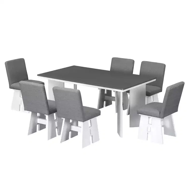 Set da Tavolo da Pranzo da 7 Pezzi, Set da Pranzo con 6 Sedie Imbottite, Retro e Rustico, Naturale/Grigio+Bianco-ModernLuxe