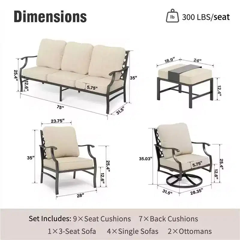 Set da conversazione per esterni Captiva Designs in metallo da 7 pezzi con sedie girevoli dallo schienale a griglia e poggiapiedi per giardino, bordo piscina e cortile
