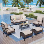 Captiva Designs 6pc Extra Large Metal and Rattan Outdoor Patio Conversation Set with Rocking Chairs and Ottomans