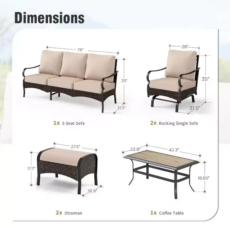 Set da 6 pezzi Captiva Designs, extra large, in metallo e rattan, per conversazione all'aperto con sedie a dondolo e poggiapiedi