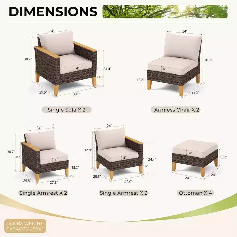 Captiva Designs Set Salotto Sezionale da Esterno in Rattan di Vimini da 12 Pezzi con Pouf Imbottito