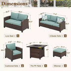 Set da 7 pezzi per patio esterno Captiva Designs in rattan di vimini con cuscini, braciere, pouf e divanetto