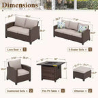 Set da 7 pezzi per patio esterno Captiva Designs in rattan di vimini con cuscini, braciere, pouf e divanetto