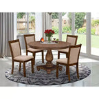 HomeStock Round Dining Table Set 4 Linen Fabric Chairs Antique Walnut Kitchen Set