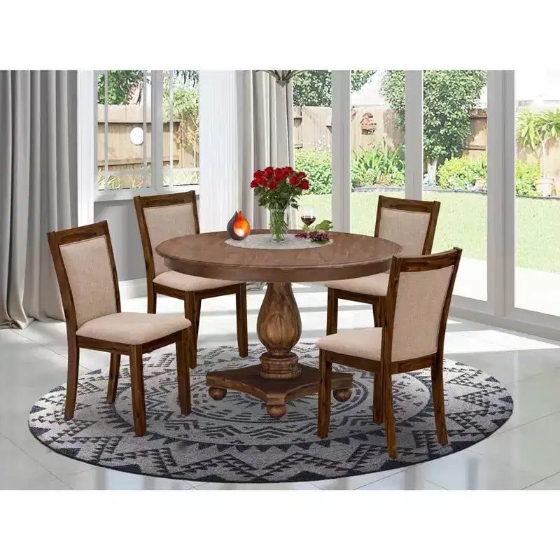 Set tavolo da pranzo rotondo HomeStock con 4 sedie in tessuto di lino, set da cucina color noce antico