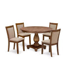 Set tavolo da pranzo rotondo HomeStock con 4 sedie in tessuto di lino, set da cucina color noce antico