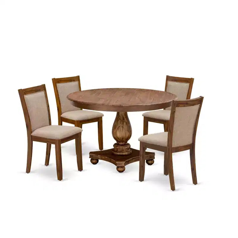Set tavolo da pranzo rotondo HomeStock con 4 sedie in tessuto di lino, set da cucina color noce antico