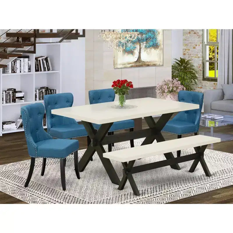 Set da pranzo HomeStock da 6 pezzi, sedie in lino blu
