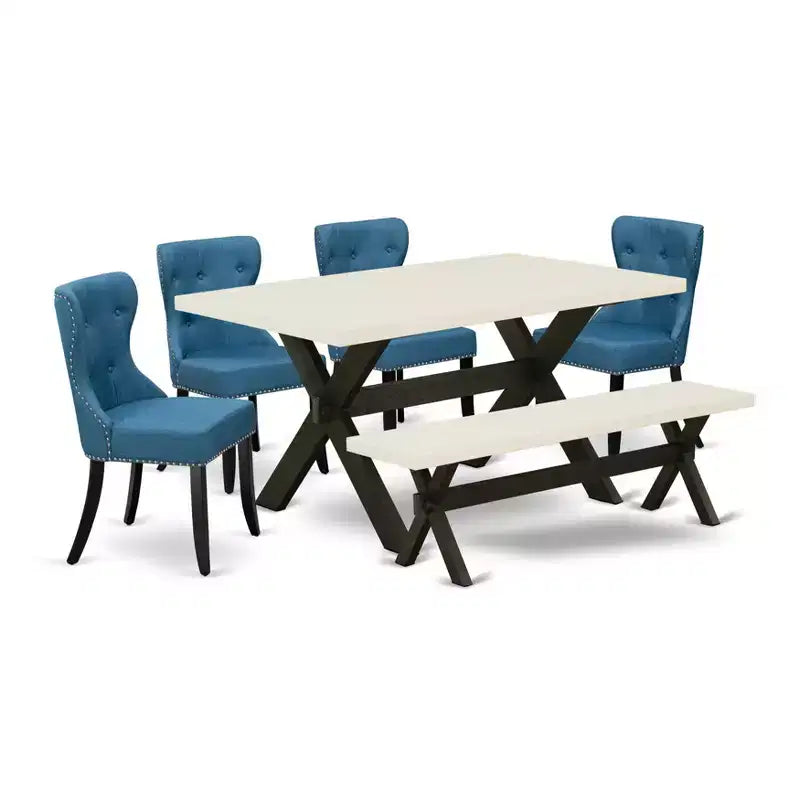 Set da pranzo HomeStock da 6 pezzi, sedie in lino blu