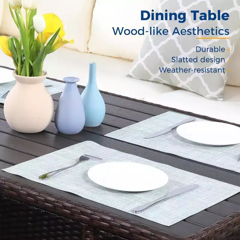 Set da giardino Heynemo da 7 pezzi con tavolo da pranzo e sedie, set da conversazione in vimini resistente alle intemperie con pouf e seduta da esterno dallo schienale alto e curvo