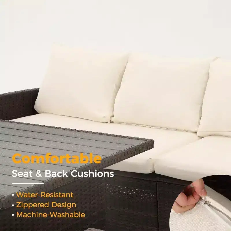 Set da giardino Heynemo da 7 pezzi con tavolo da pranzo e sedie, set da conversazione in vimini resistente alle intemperie con pouf e seduta da esterno dallo schienale alto e curvo