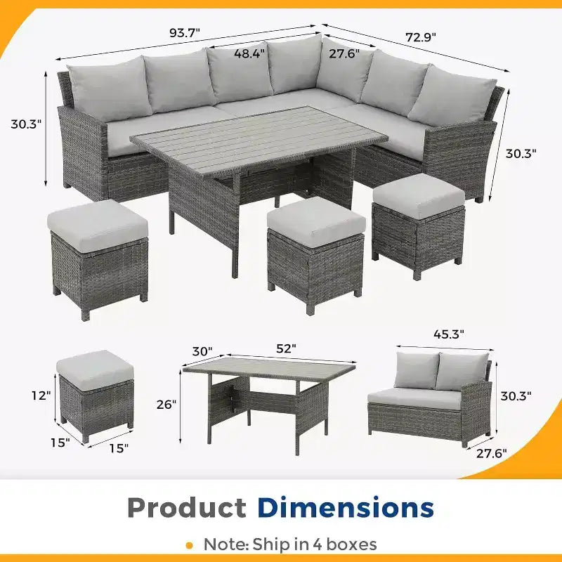 Set da giardino Heynemo da 7 pezzi con tavolo da pranzo e sedie, set da conversazione in vimini resistente alle intemperie con pouf e seduta da esterno dallo schienale alto e curvo