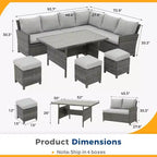 Set da giardino Heynemo da 7 pezzi con tavolo da pranzo e sedie, set da conversazione in vimini resistente alle intemperie con pouf e seduta da esterno dallo schienale alto e curvo