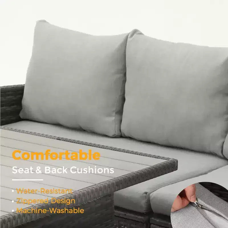 Set da giardino Heynemo da 7 pezzi con tavolo da pranzo e sedie, set da conversazione in vimini resistente alle intemperie con pouf e seduta da esterno dallo schienale alto e curvo