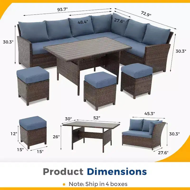 Set da giardino Heynemo da 7 pezzi con tavolo da pranzo e sedie, set da conversazione in vimini resistente alle intemperie con pouf e seduta da esterno dallo schienale alto e curvo
