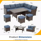 Set da giardino Heynemo da 7 pezzi con tavolo da pranzo e sedie, set da conversazione in vimini resistente alle intemperie con pouf e seduta da esterno dallo schienale alto e curvo