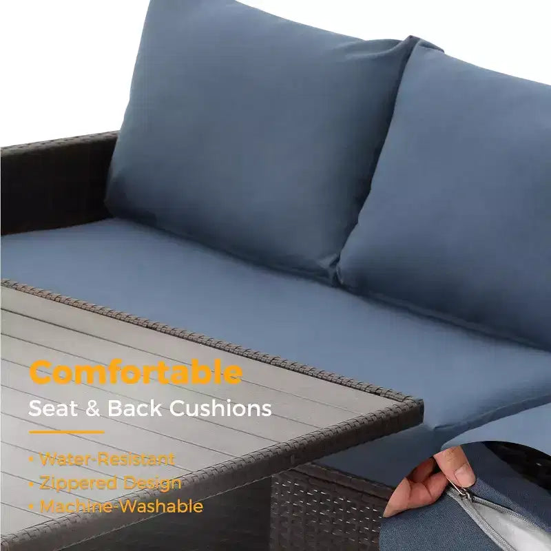Set da giardino Heynemo da 7 pezzi con tavolo da pranzo e sedie, set da conversazione in vimini resistente alle intemperie con pouf e seduta da esterno dallo schienale alto e curvo