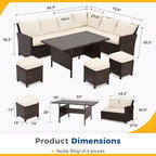 Set da giardino Heynemo da 7 pezzi con tavolo da pranzo e sedie, set da conversazione in vimini resistente alle intemperie con pouf e seduta da esterno dallo schienale alto e curvo