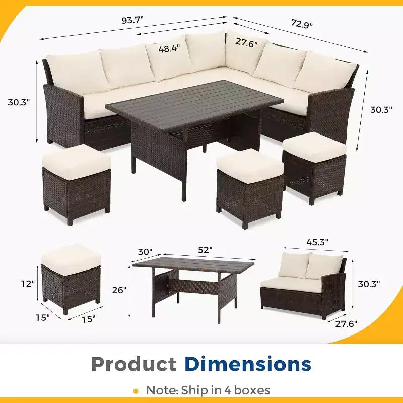 Set da giardino Heynemo da 7 pezzi con tavolo da pranzo e sedie, set da conversazione in vimini resistente alle intemperie con pouf e seduta da esterno dallo schienale alto e curvo