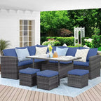 Heynemo 7 Pcs Outdoor Conversation Set All Weather Wicker Sectional Sofa Set Dining Table Chair and Ottoman,Steel Frame