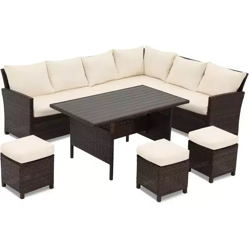 Heynemo Set conversazione da esterno 7 pezzi, divano componibile in vimini resistente a tutte le intemperie, tavolo da pranzo, sedie e pouf, telaio in acciaio