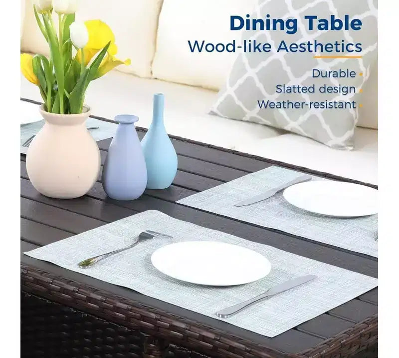Heynemo Set conversazione da esterno 7 pezzi, divano componibile in vimini resistente a tutte le intemperie, tavolo da pranzo, sedie e pouf, telaio in acciaio