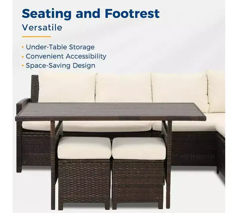 Heynemo Set conversazione da esterno 7 pezzi, divano componibile in vimini resistente a tutte le intemperie, tavolo da pranzo, sedie e pouf, telaio in acciaio