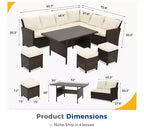 Heynemo Set conversazione da esterno 7 pezzi, divano componibile in vimini resistente a tutte le intemperie, tavolo da pranzo, sedie e pouf, telaio in acciaio