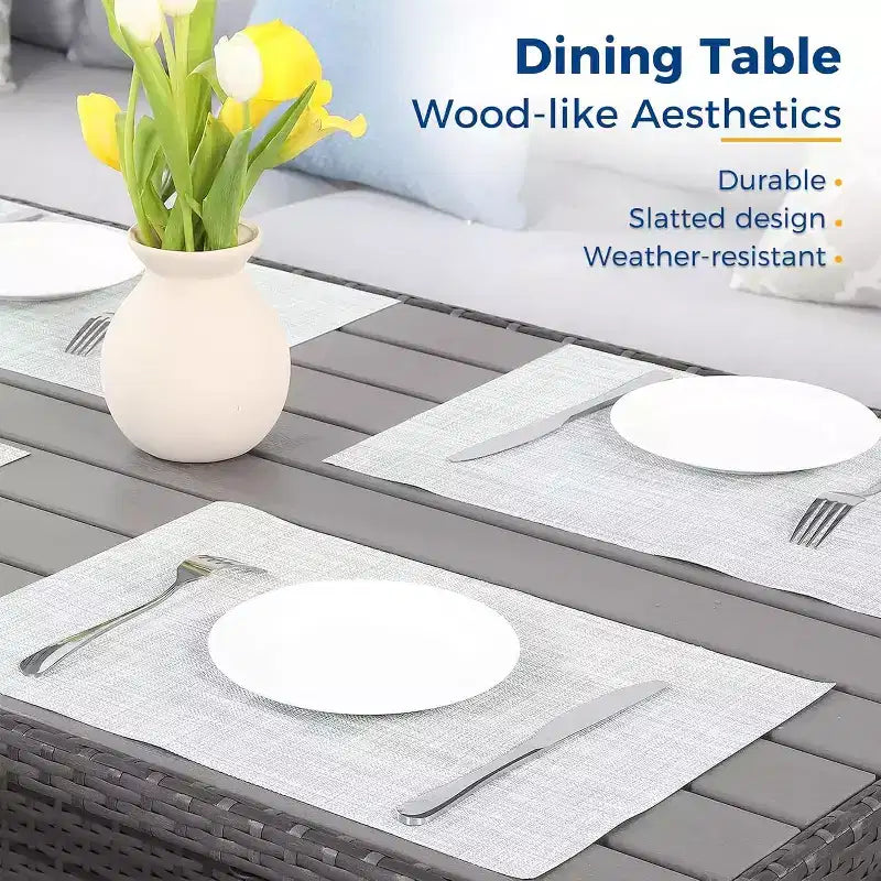 Heynemo Set conversazione da esterno 7 pezzi, divano componibile in vimini resistente a tutte le intemperie, tavolo da pranzo, sedie e pouf, telaio in acciaio