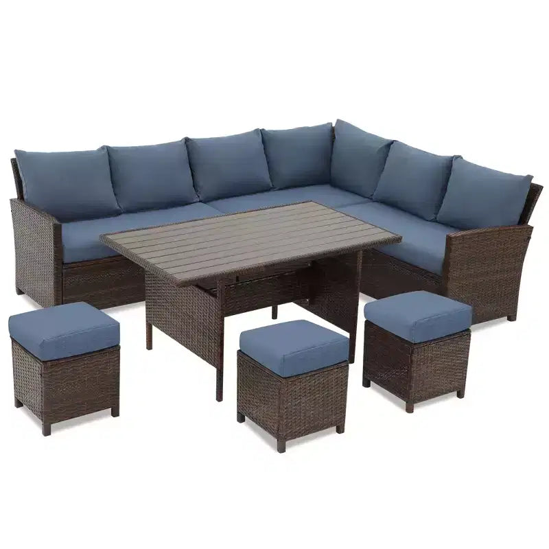 Heynemo Set conversazione da esterno 7 pezzi, divano componibile in vimini resistente a tutte le intemperie, tavolo da pranzo, sedie e pouf, telaio in acciaio