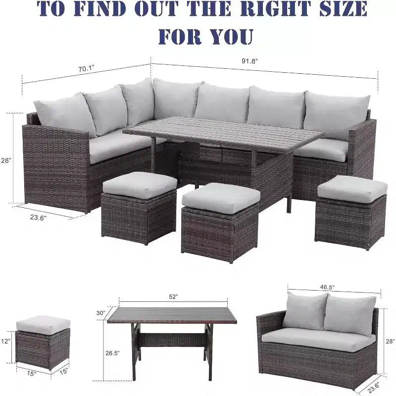 Heynemo Set conversazione da esterno 7 pezzi, divano componibile in vimini resistente a tutte le intemperie, tavolo da pranzo, sedie e pouf, telaio in acciaio