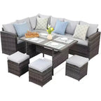 Heynemo Set conversazione da esterno 7 pezzi, divano componibile in vimini resistente a tutte le intemperie, tavolo da pranzo, sedie e pouf, telaio in acciaio