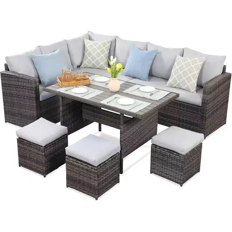 Heynemo Set conversazione da esterno 7 pezzi, divano componibile in vimini resistente a tutte le intemperie, tavolo da pranzo, sedie e pouf, telaio in acciaio