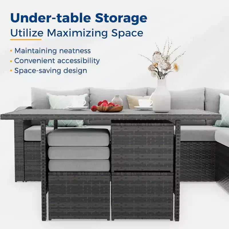 Heynemo Set conversazione da esterno 7 pezzi, divano componibile in vimini resistente a tutte le intemperie, tavolo da pranzo, sedie e pouf, telaio in acciaio