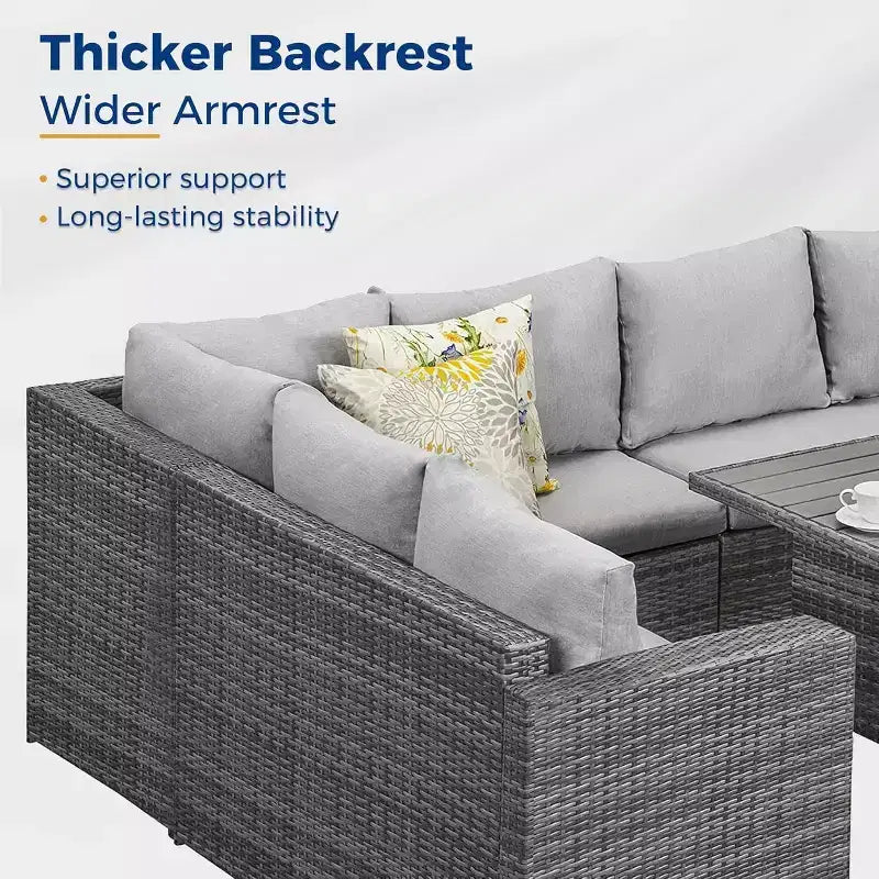 Heynemo Set conversazione da esterno 7 pezzi, divano componibile in vimini resistente a tutte le intemperie, tavolo da pranzo, sedie e pouf, telaio in acciaio