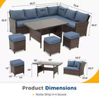 Heynemo Set conversazione da esterno 7 pezzi, divano componibile in vimini resistente a tutte le intemperie, tavolo da pranzo, sedie e pouf, telaio in acciaio