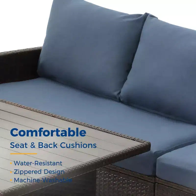 Heynemo Set conversazione da esterno 7 pezzi, divano componibile in vimini resistente a tutte le intemperie, tavolo da pranzo, sedie e pouf, telaio in acciaio