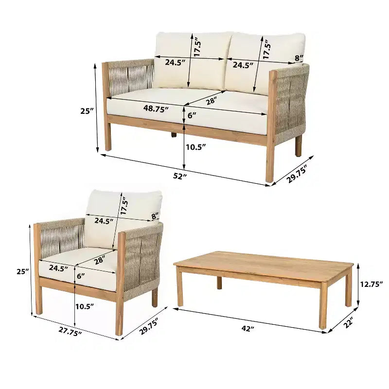 Set di sedute da esterno Christopher Knight Home Gillian, 4 pezzi, in legno di acacia e corda intrecciata